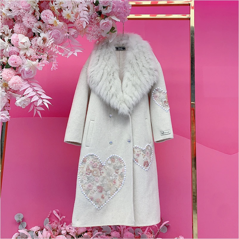 A4109欧美设计师2025冬季新款重工钉钻刺绣爱心大衣女