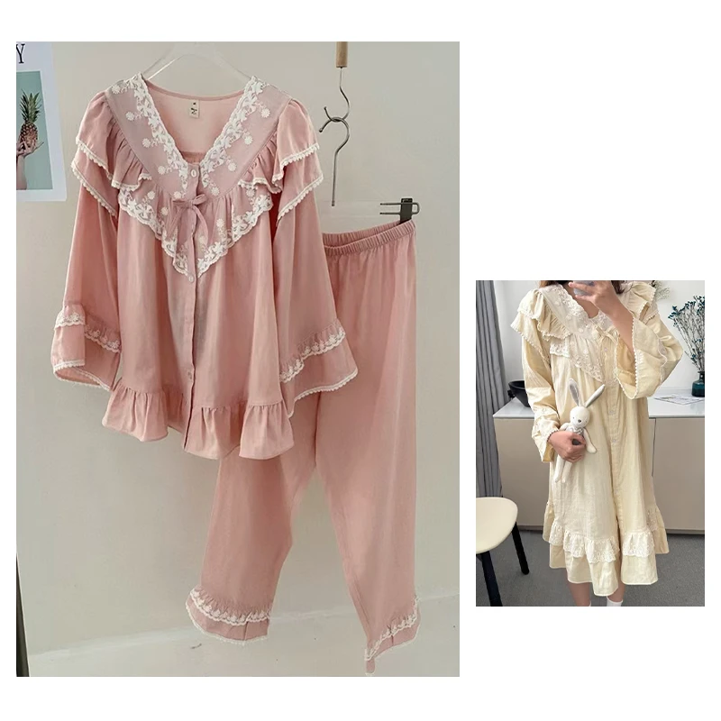 棉纱新款/韩国ins风/网红款/时尚睡衣女/长袖纯棉蕾丝家居套装