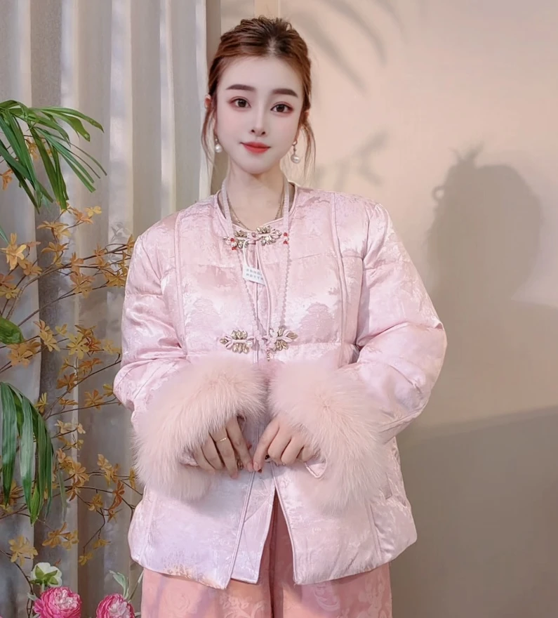 [夏颜]狐狸毛羽绒服新中式国风盘扣刺绣秋冬季新款高级感保暖外套