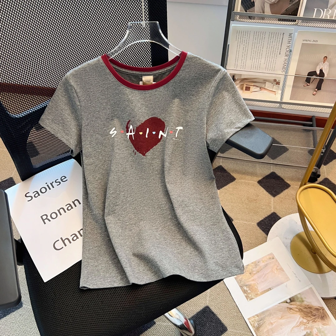 小众不撞款上衣2025年夏季新款灰色拼色印花T恤女韩版SA-1爱心