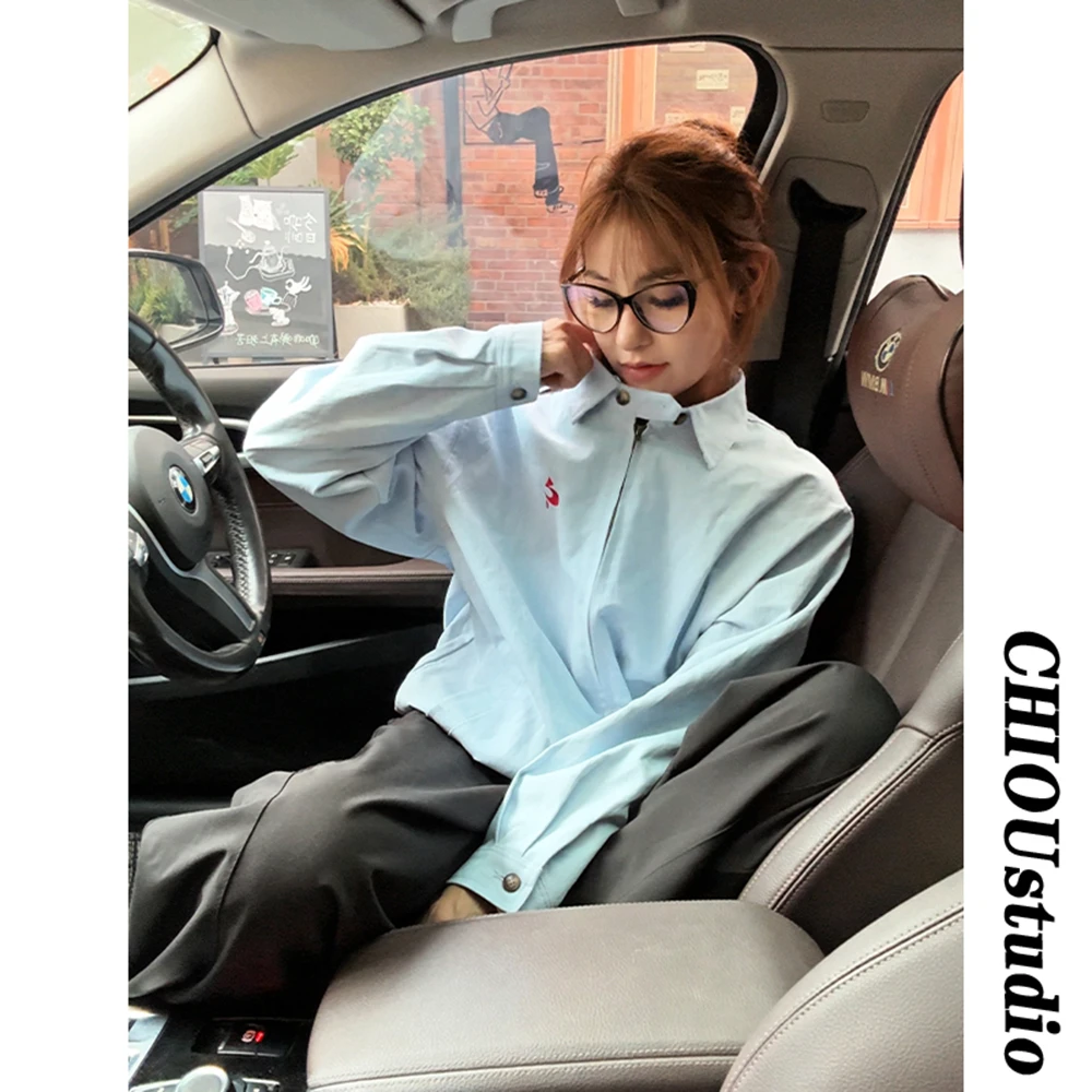 美式复古休闲百搭翻领衬衫夹克男女同款国潮潮牌秋季拉链情侣外套