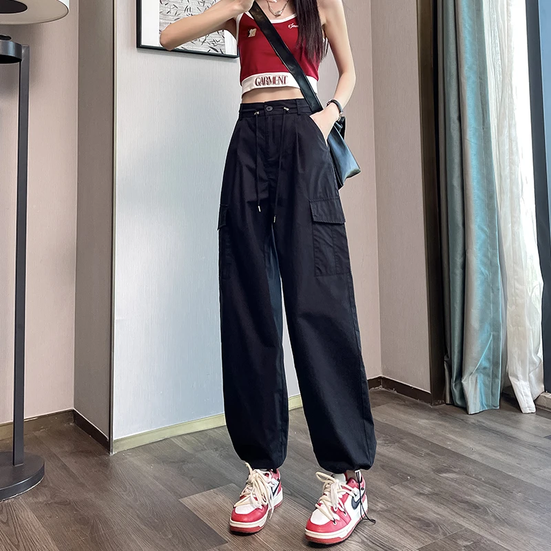 美式抽绳工装裤女春秋夏季宽松直筒阔腿束脚黑色小个子休闲裤
