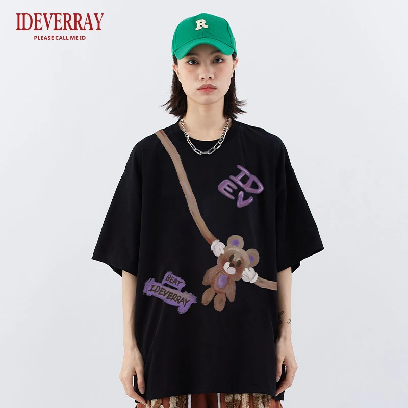 IDEVERRAY美式斜挎包字母小熊短袖T恤男女宽松潮牌夏季