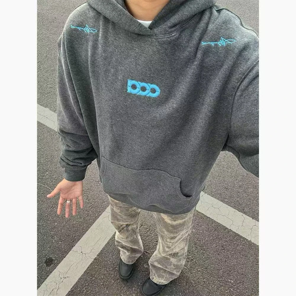 字母刺绣卫衣男款美式高街独特超好看高级感百搭情侣装帽衫外套