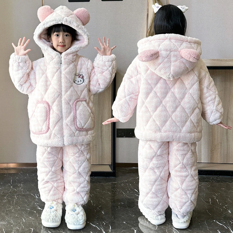 冬季三层夹棉女童法兰绒儿童睡衣套装加绒加厚大童外穿公主家居服
