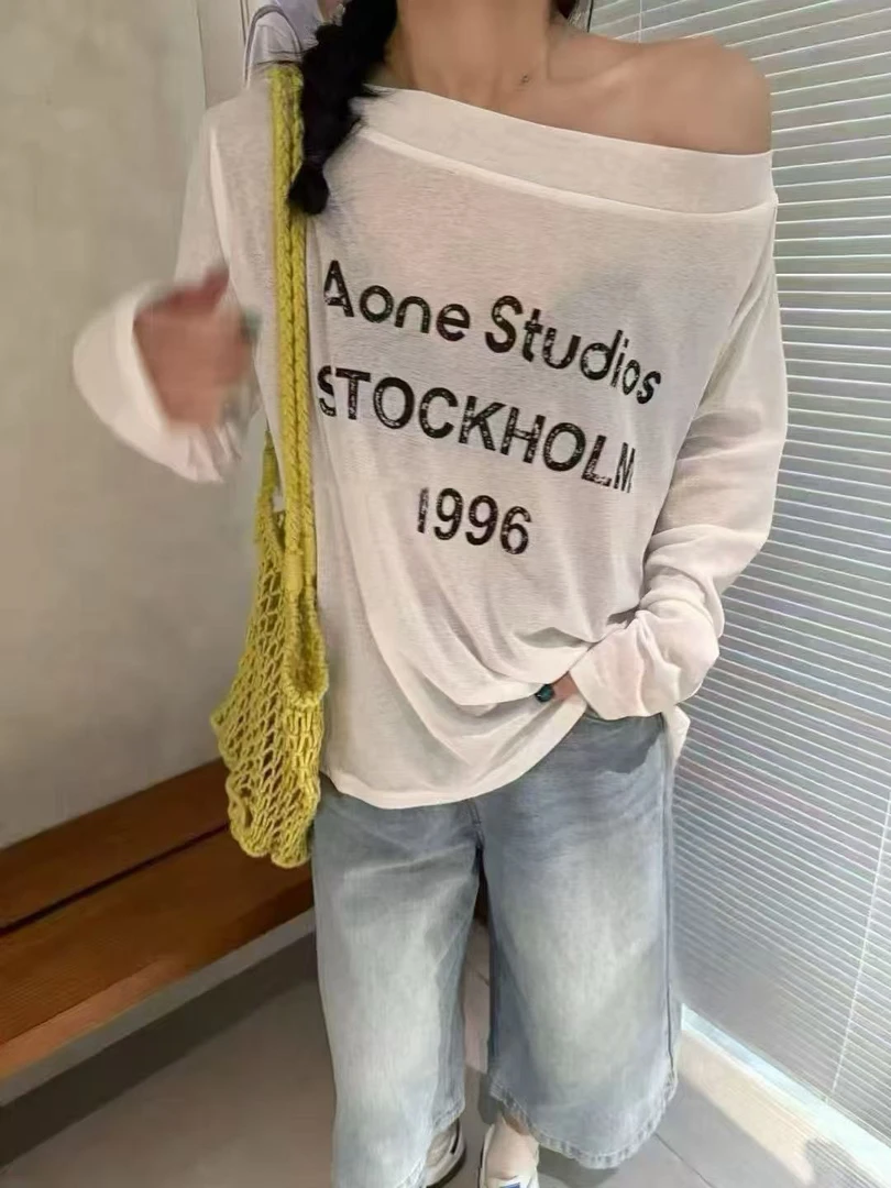 字母歇肩T恤长袖夏季防晒印花慵懒风百搭韩版显瘦通勤