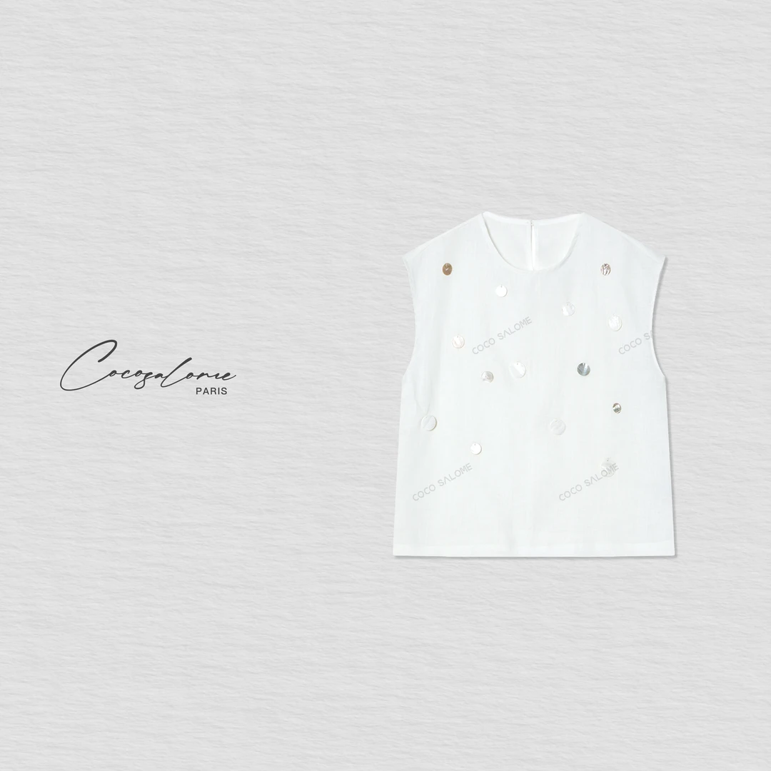 韩彬彬"波斯顿"亚麻夏季穿搭贝母扣小个子穿搭无袖上衣背心0409-1