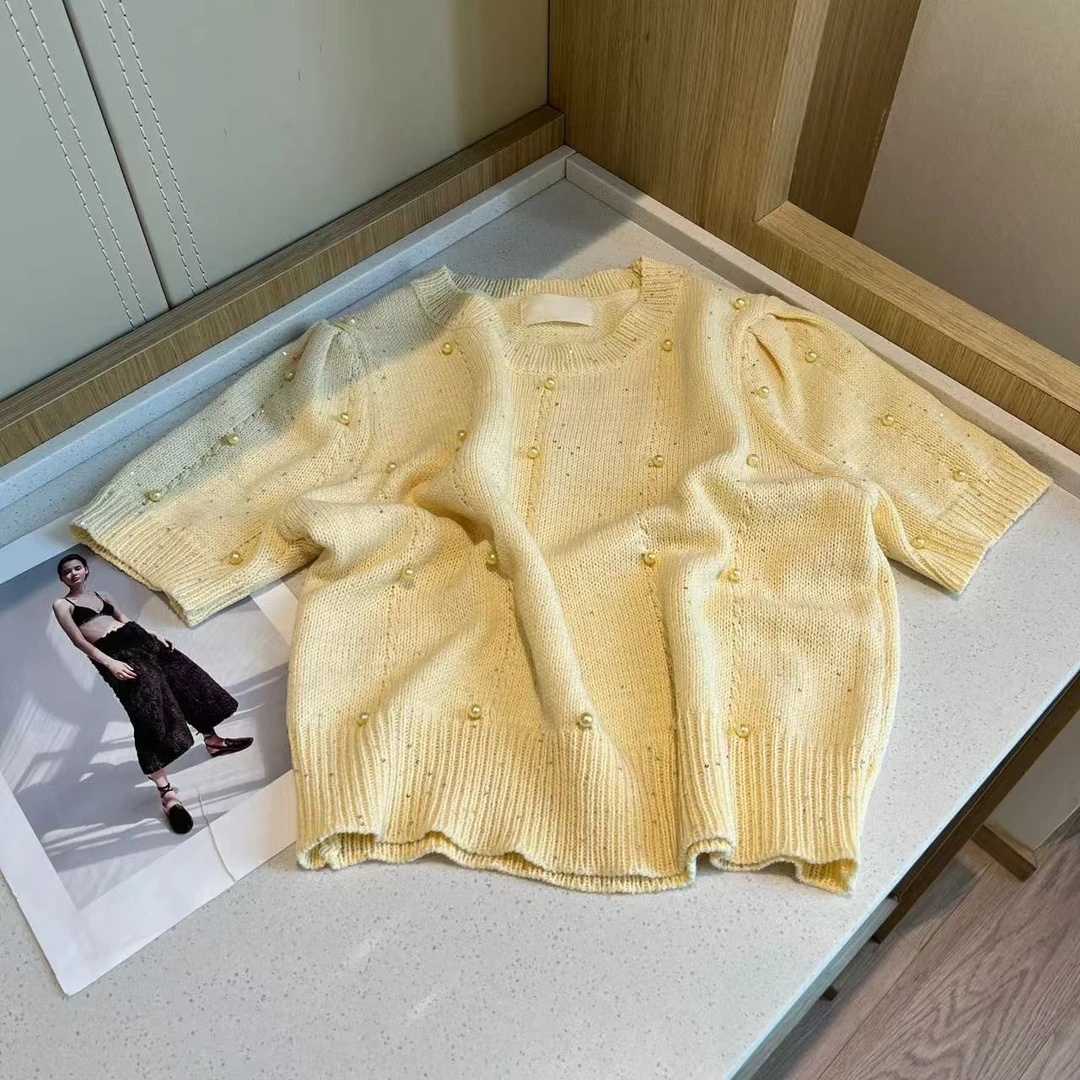 【佳佳推荐】6357春季重工珍珠设计感正肩短袖时尚显瘦针织上衣