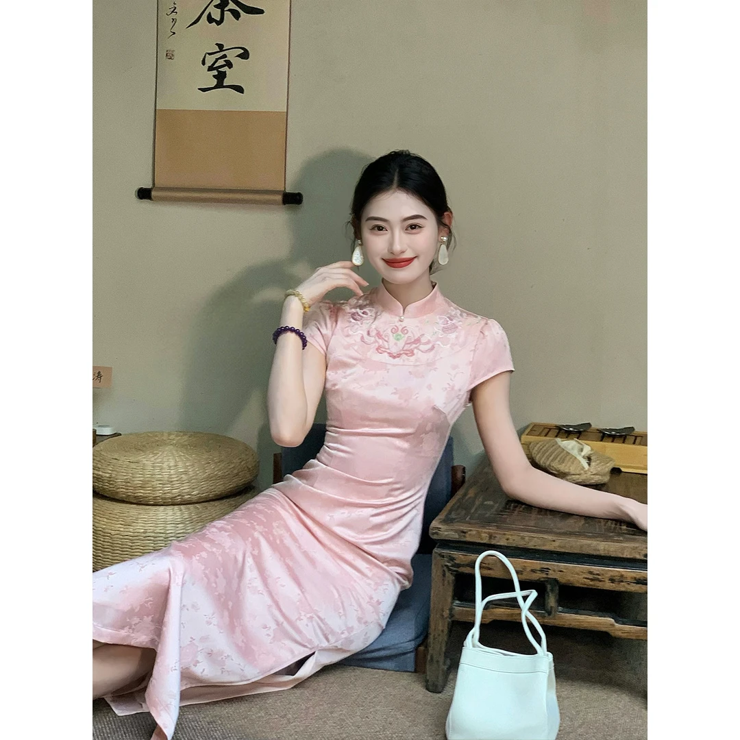 凌茜恣禾【胭脂绣梦】国风新中式橘粉梭织绣花裙优雅气质改良旗袍裙