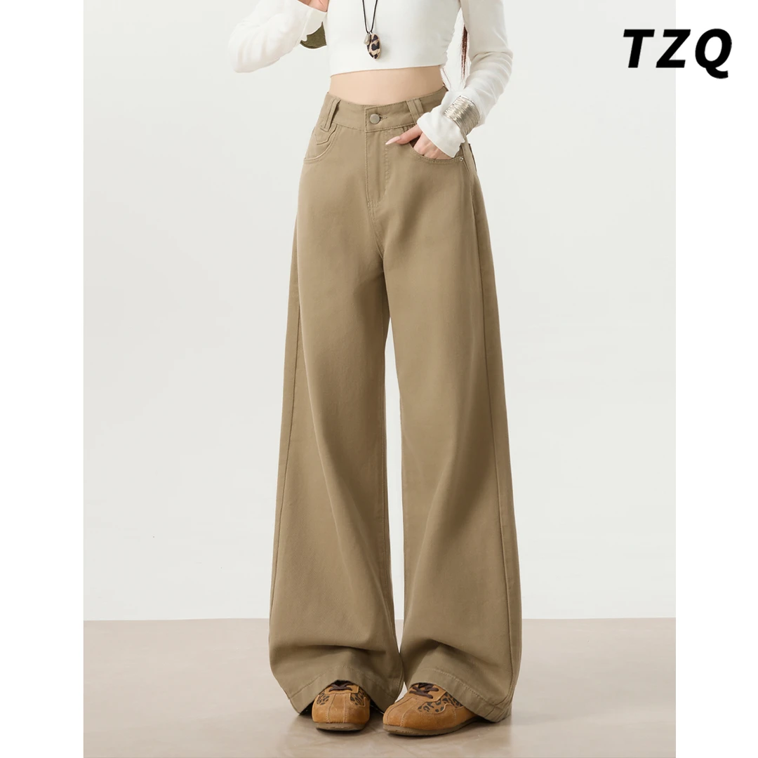 高腰慵懒风阔腿牛仔裤女2025秋季卡其色爆款宽松拖地裤TZQ2591514