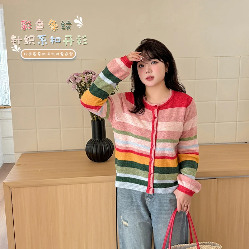 【霏霏专属】春季新款大码女装200斤胖mm彩色条纹针织开衫-F386