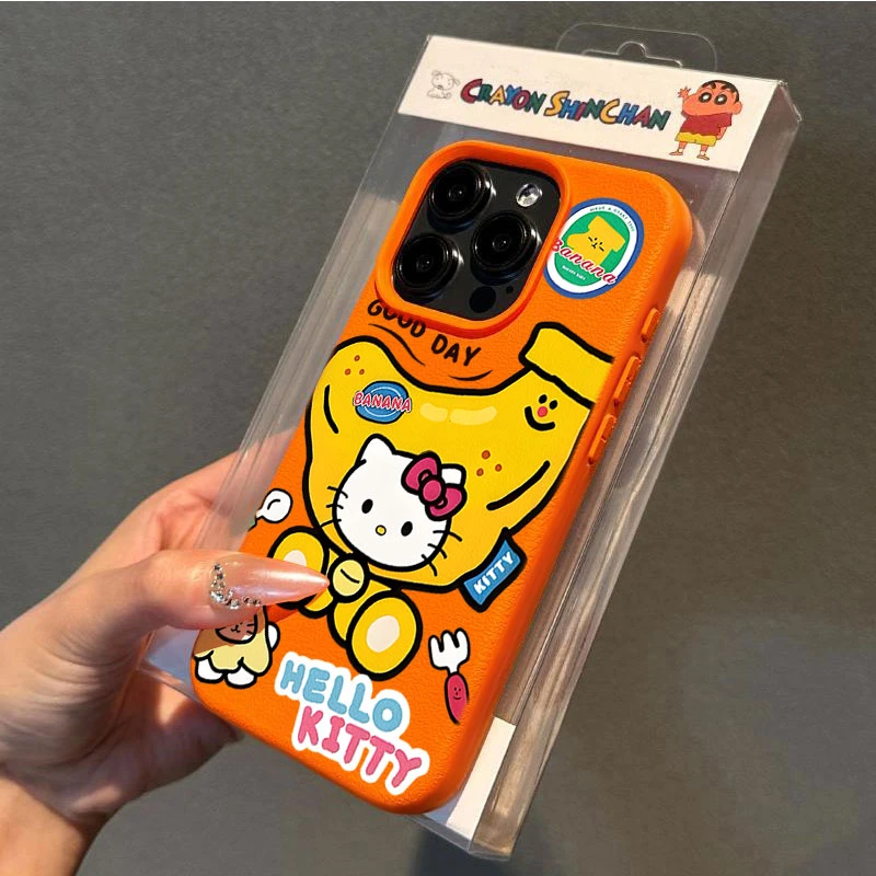 香蕉凯蒂猫适用苹果16p/15手机壳iPhone14promax13荔枝纹12防摔11