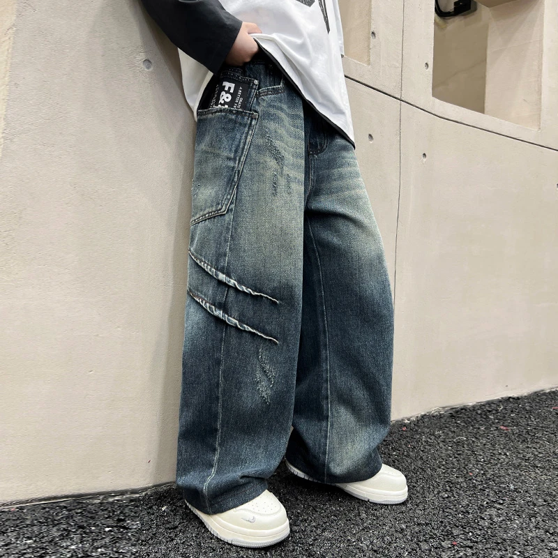 男童秋季牛仔裤6-12岁中大童帅气韩版长裤时髦百搭裤子阔腿男孩