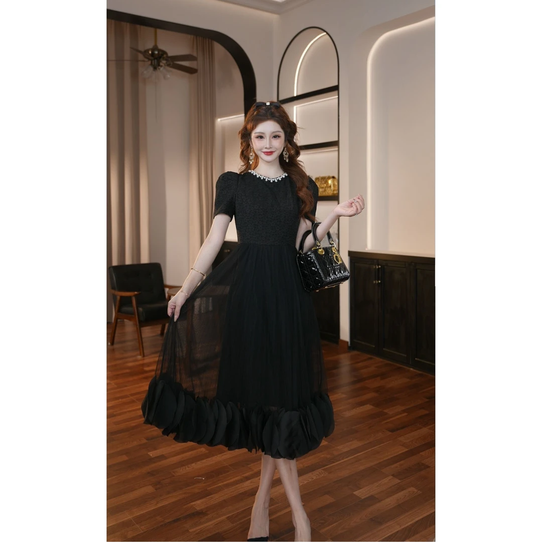 【晚晚定制】赫本风连衣裙V领大摆裙夏季收腰气质小众长袖黑色61207