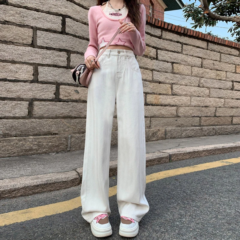 夏季白色薄款高腰显瘦宽松型直筒裤AC风显腿长牛仔裤长裤垂感