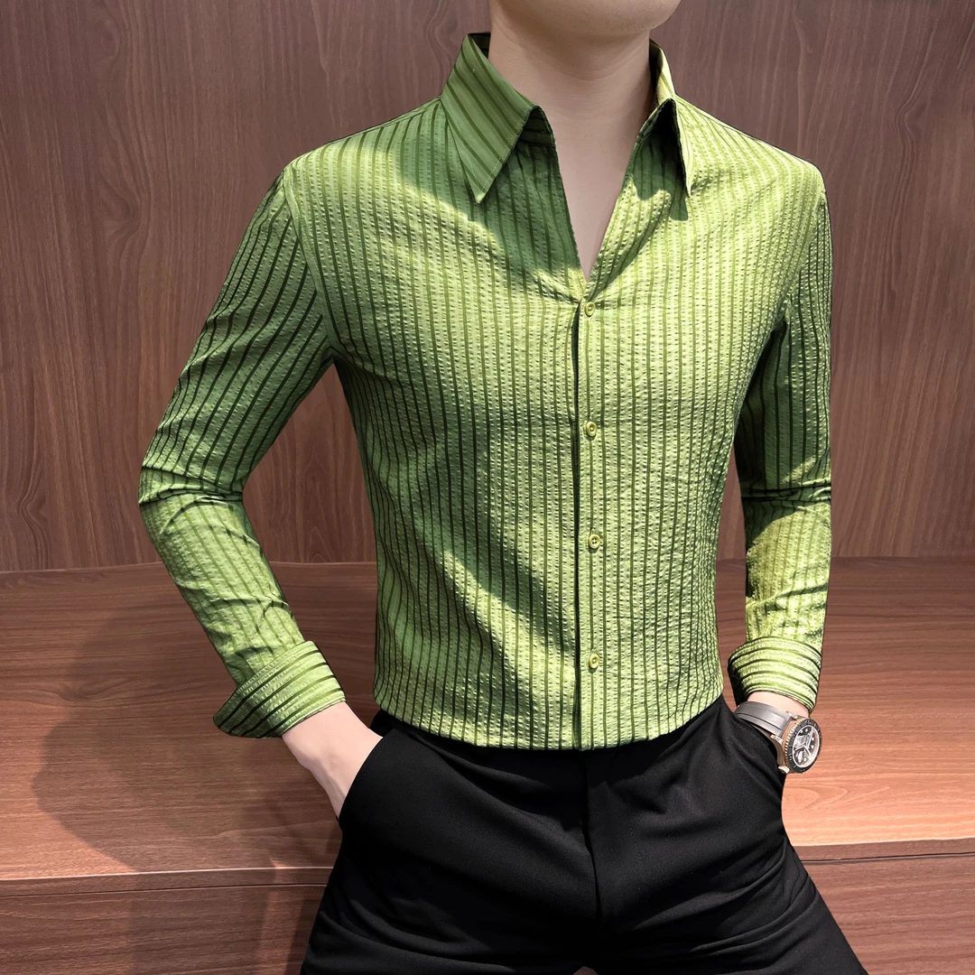 条纹泡泡衫衬衫男款长袖爆款2025新款秋季高级感男装大领男士衬衣