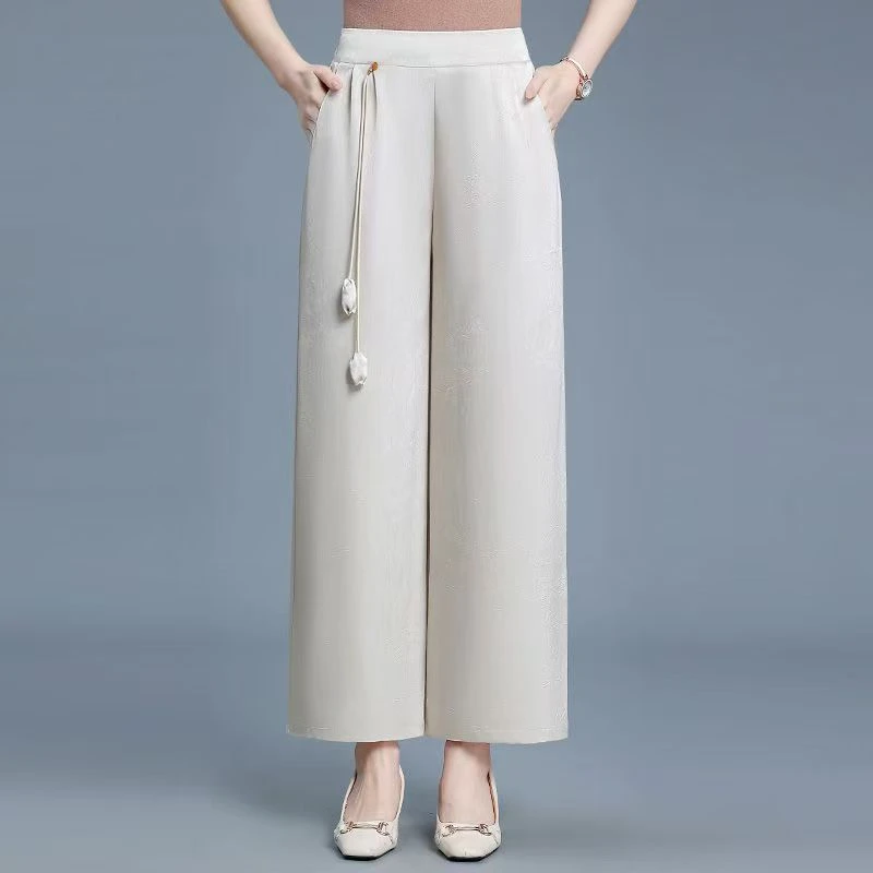 895夏季新款云锦段龟裂纹阔腿裤宽松休闲中老年大码女装直筒薄款