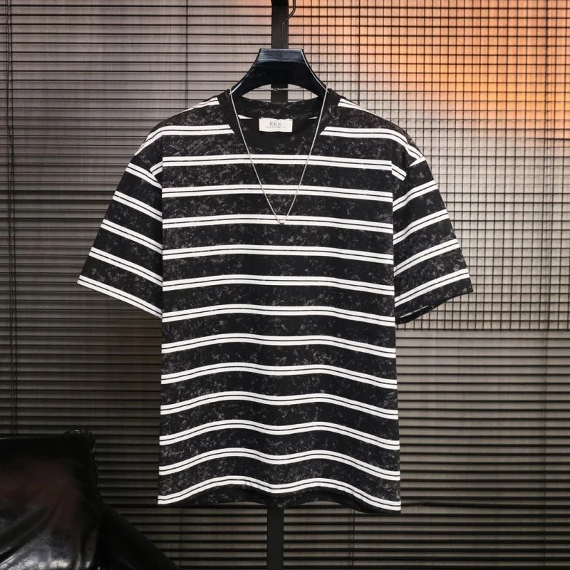 男士条纹短袖t恤原创扎染设计款休闲百搭半袖上衣潮流复古体恤衫