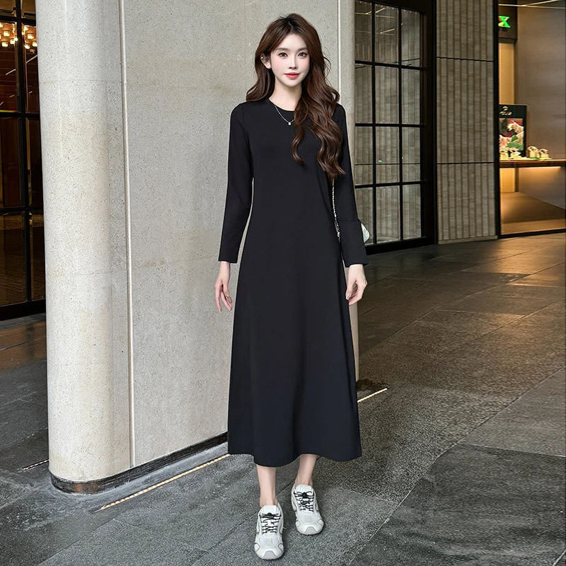 女生韩系ins衣服宽松休闲显瘦长款打底气质连衣裙百搭老钱风女装