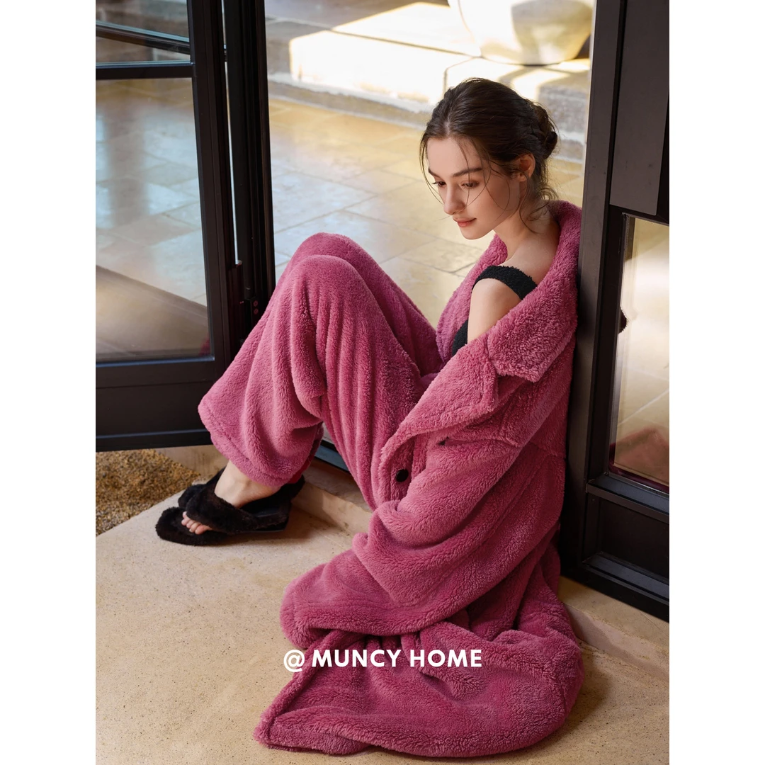 曼系“多巴胺树莓”珊瑚绒睡袍加绒裤保暖结婚长款秋冬女睡衣套装