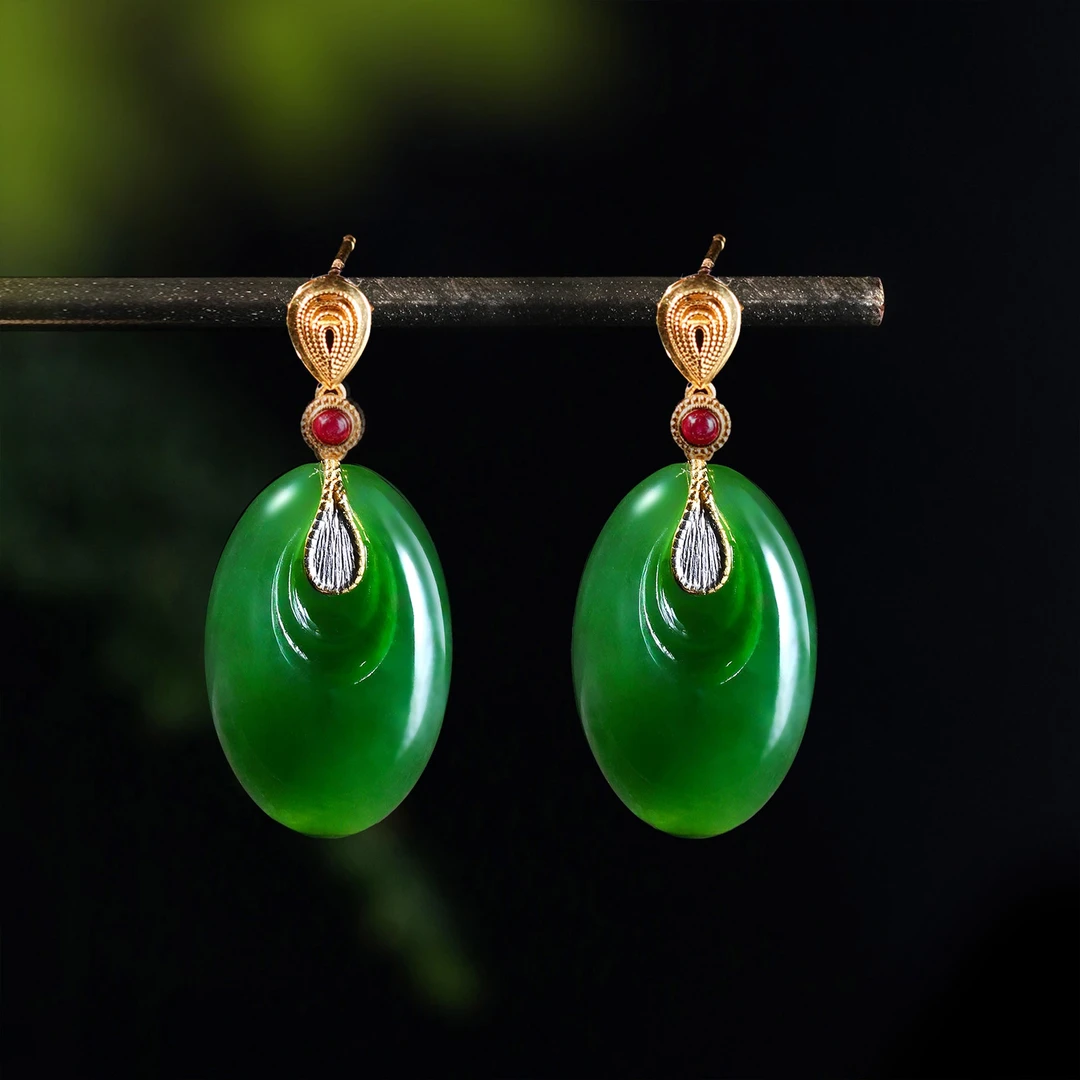 白玉世家惊鸿一羽/18K金碧玉辣绿耳饰春日上新礼物和田玉玉石