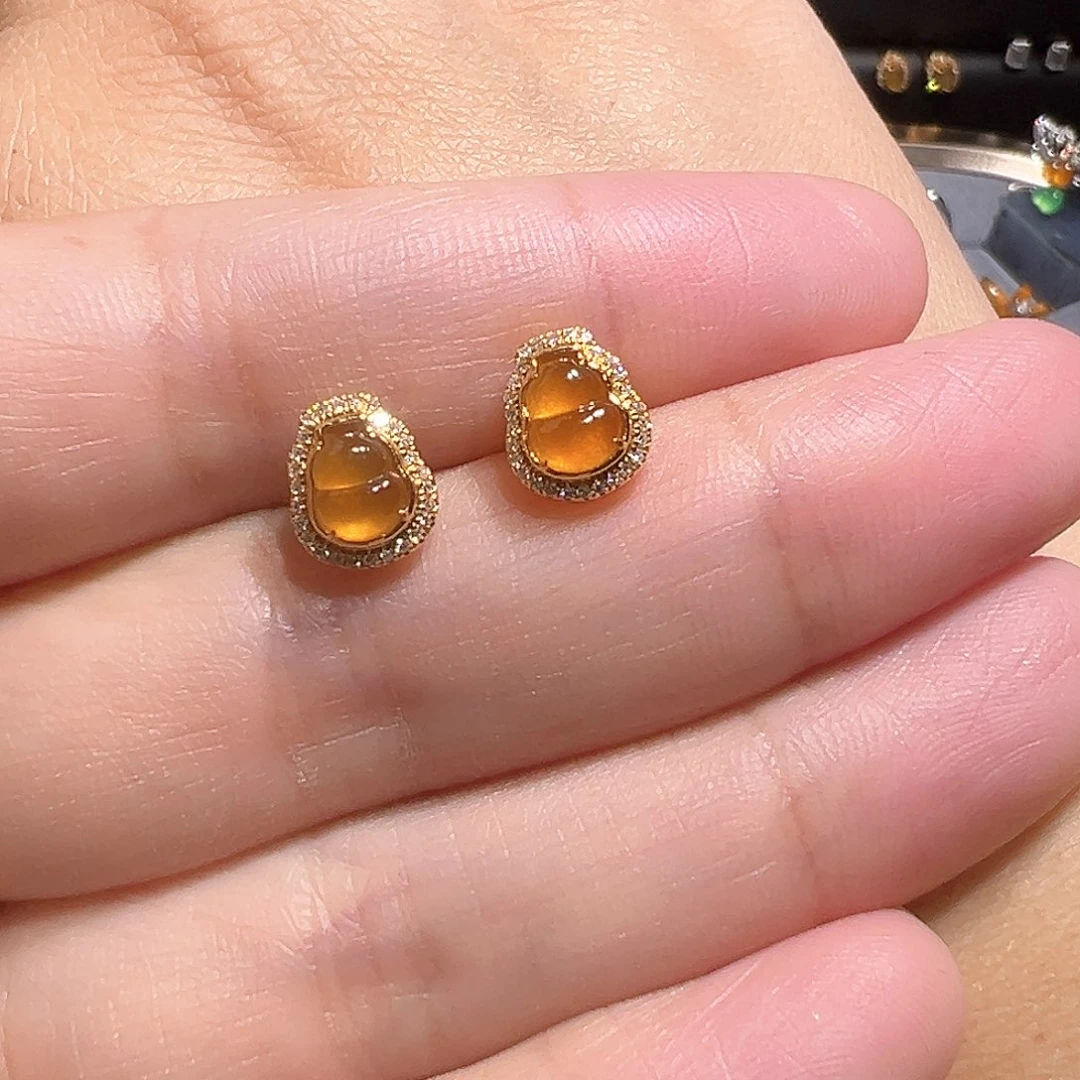 翡翠耳钉18K金镶嵌安***力天然A货翡翠