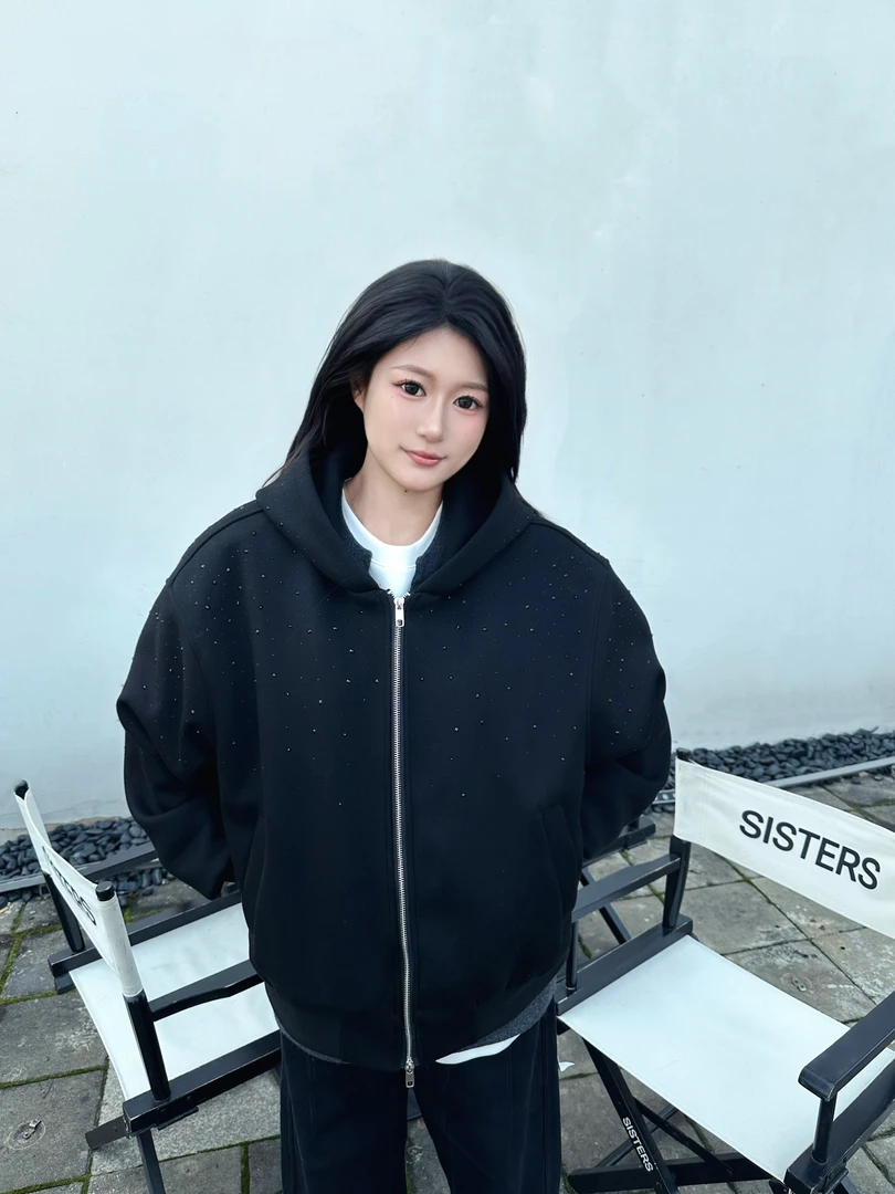 加厚加绒拉链连帽满天星开衫外套保暖长袖纯色百搭运动宽松带帽