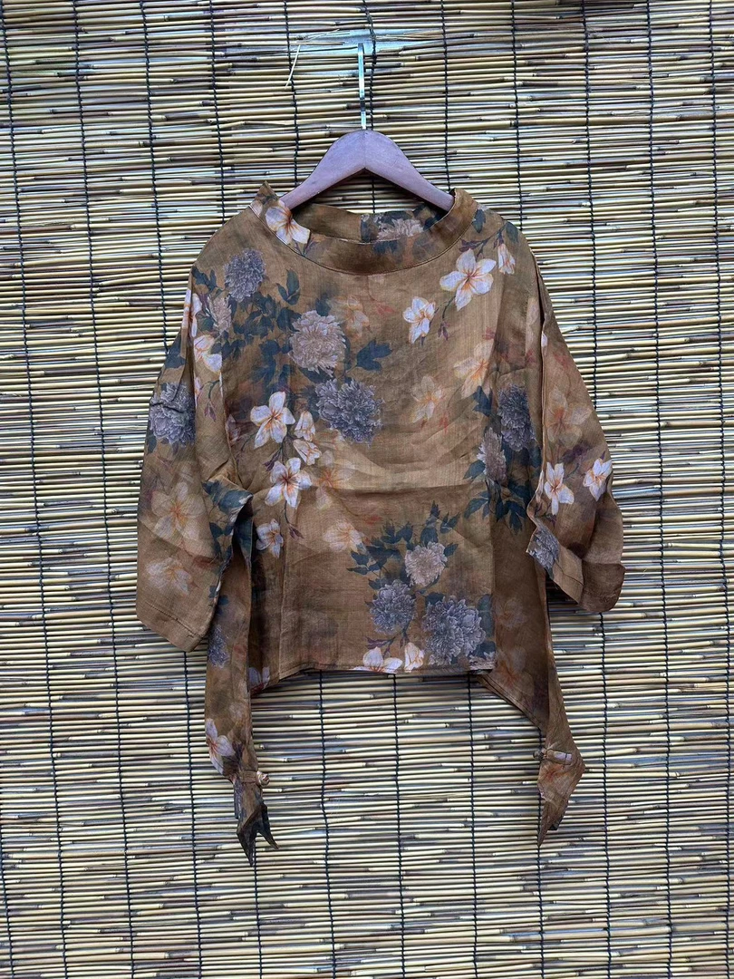 HY   咖底大花两边盘扣苎麻上衣