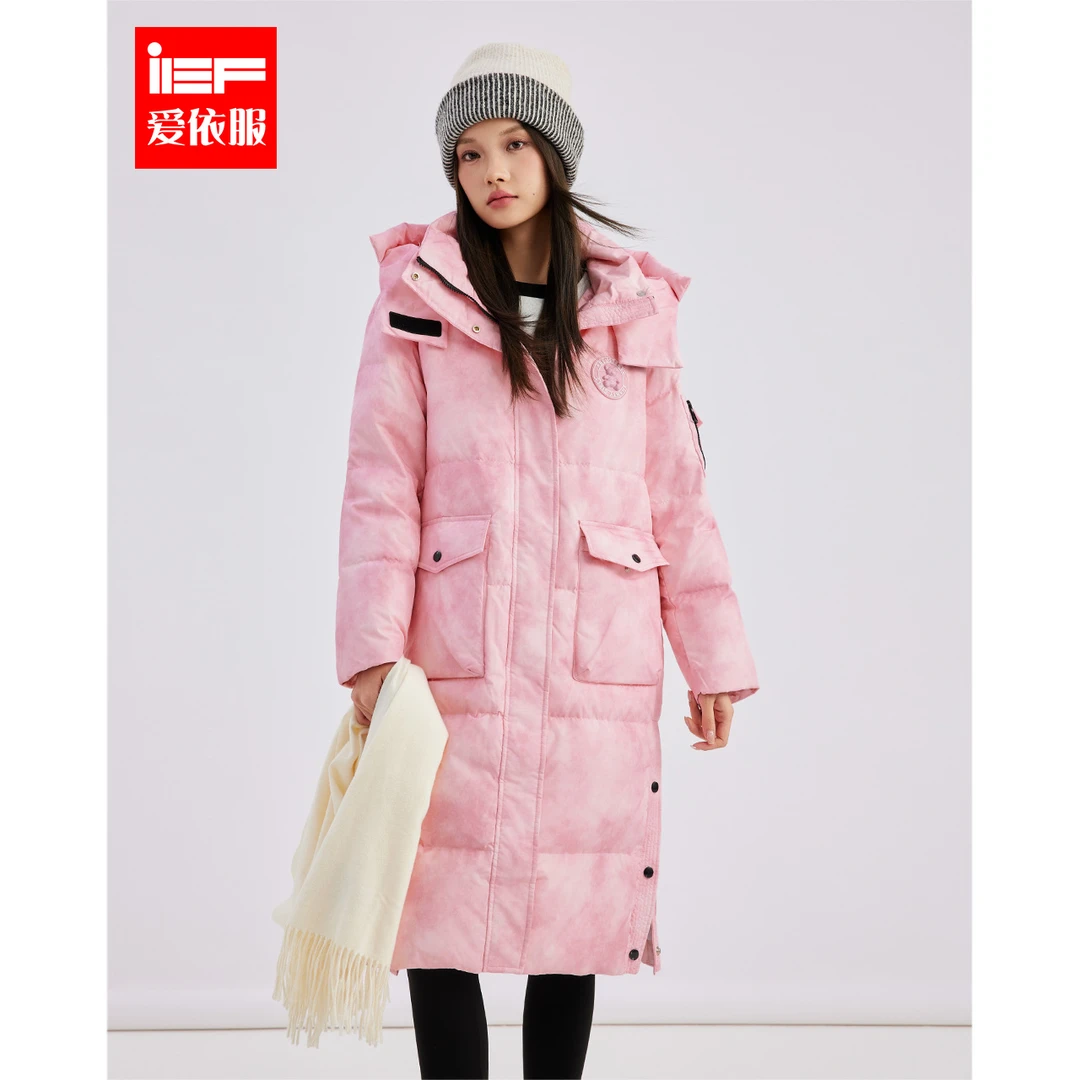 IEF/爱依服2024新款冬季设计感扎染混色中长款品牌保暖羽绒服外套