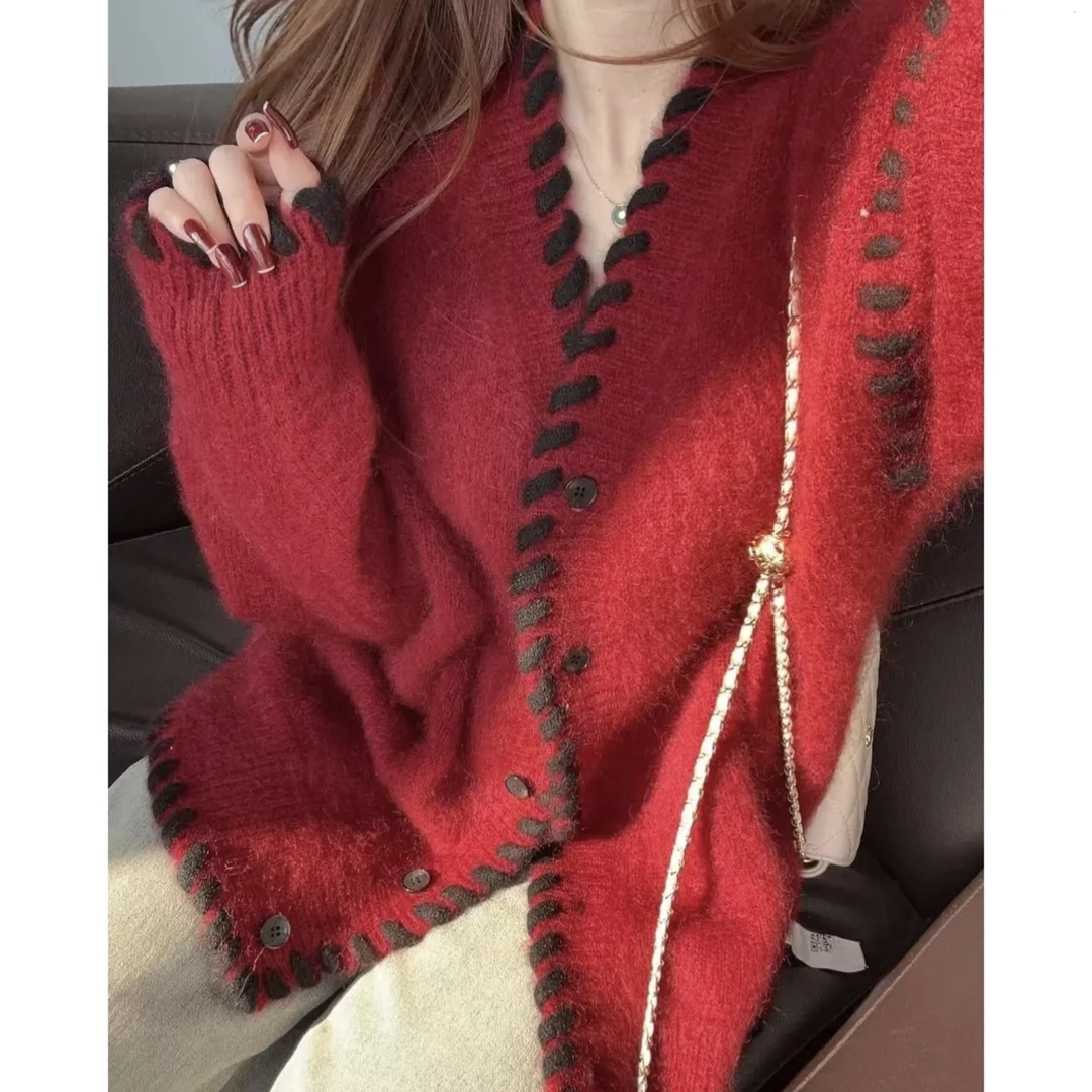 【百分之百山羊绒】法式231542拉绒工艺时尚气质编织拉毛纯羊绒开衫