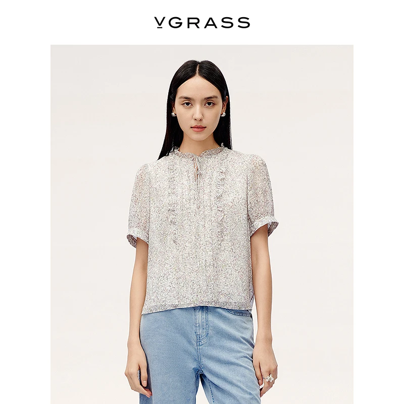 VGRASS维格娜丝25年夏季新款定位印花短袖木耳边衬衫VSC1Q2792A