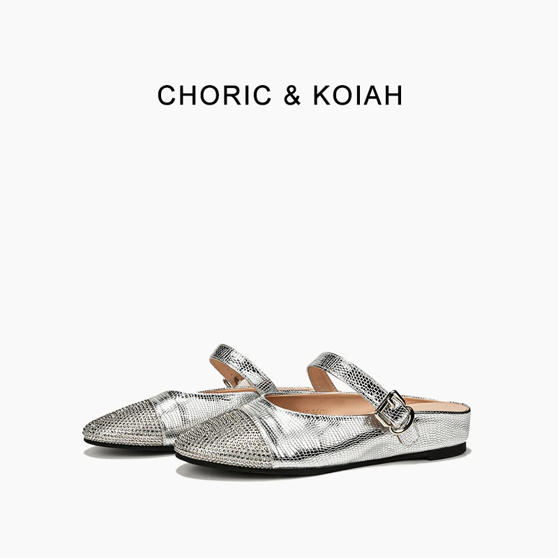 CHORIC KOIAH 女士玛丽珍包头半拖鞋银色新款2025方头内增高单鞋