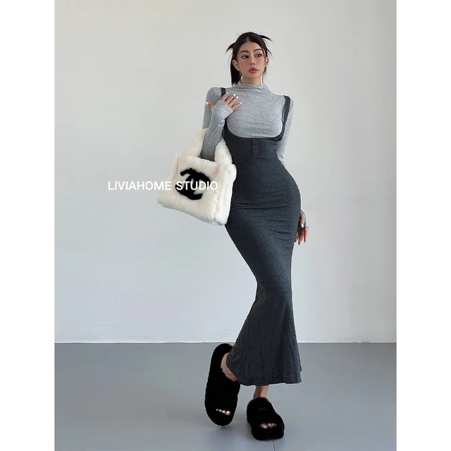 liviahome 性感半高领长袖T恤紧身包臀鱼尾背带连衣裙套装女秋冬