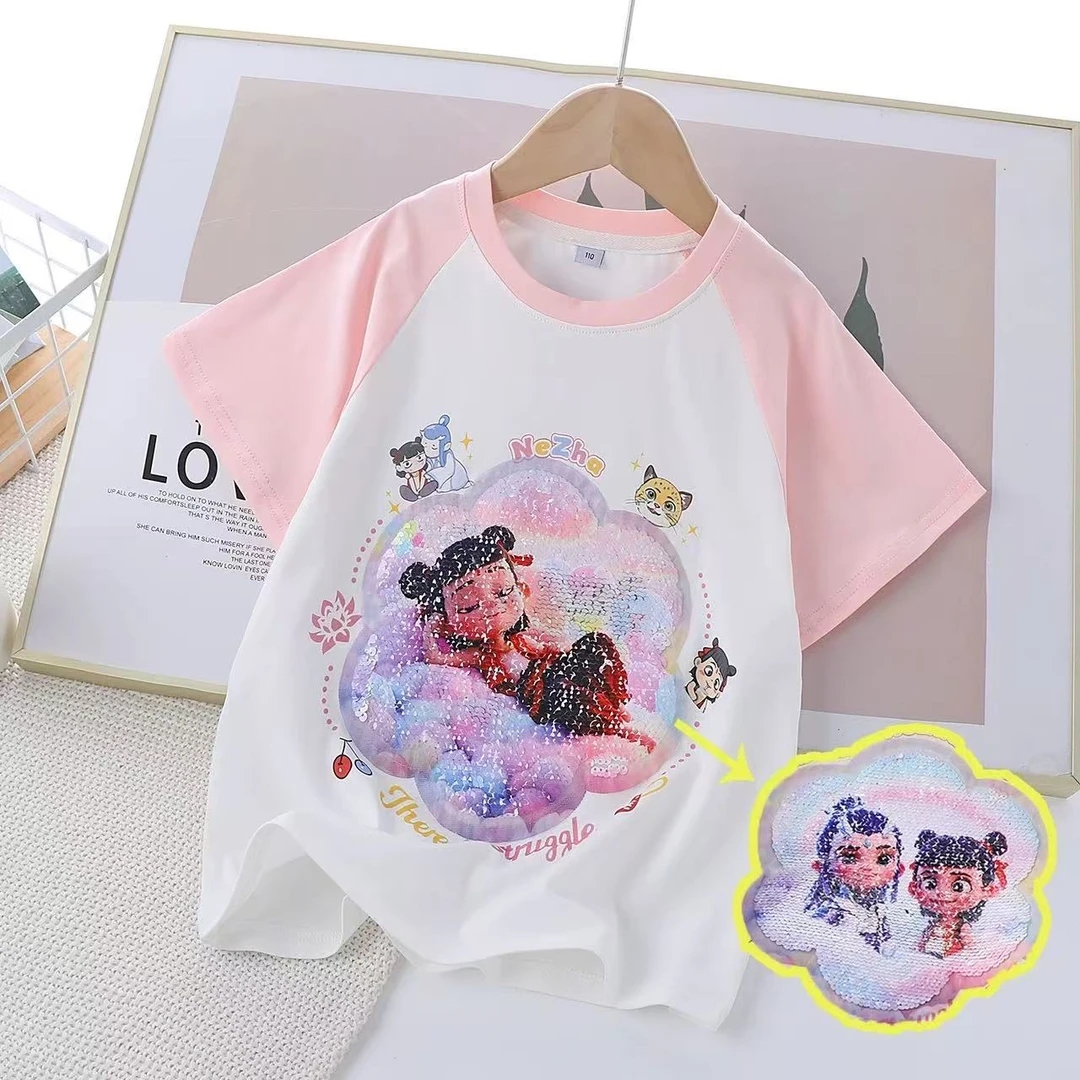 哪吒闹海儿童服装女童短袖t恤纯棉小女孩亮片变色夏季衣服半袖衫