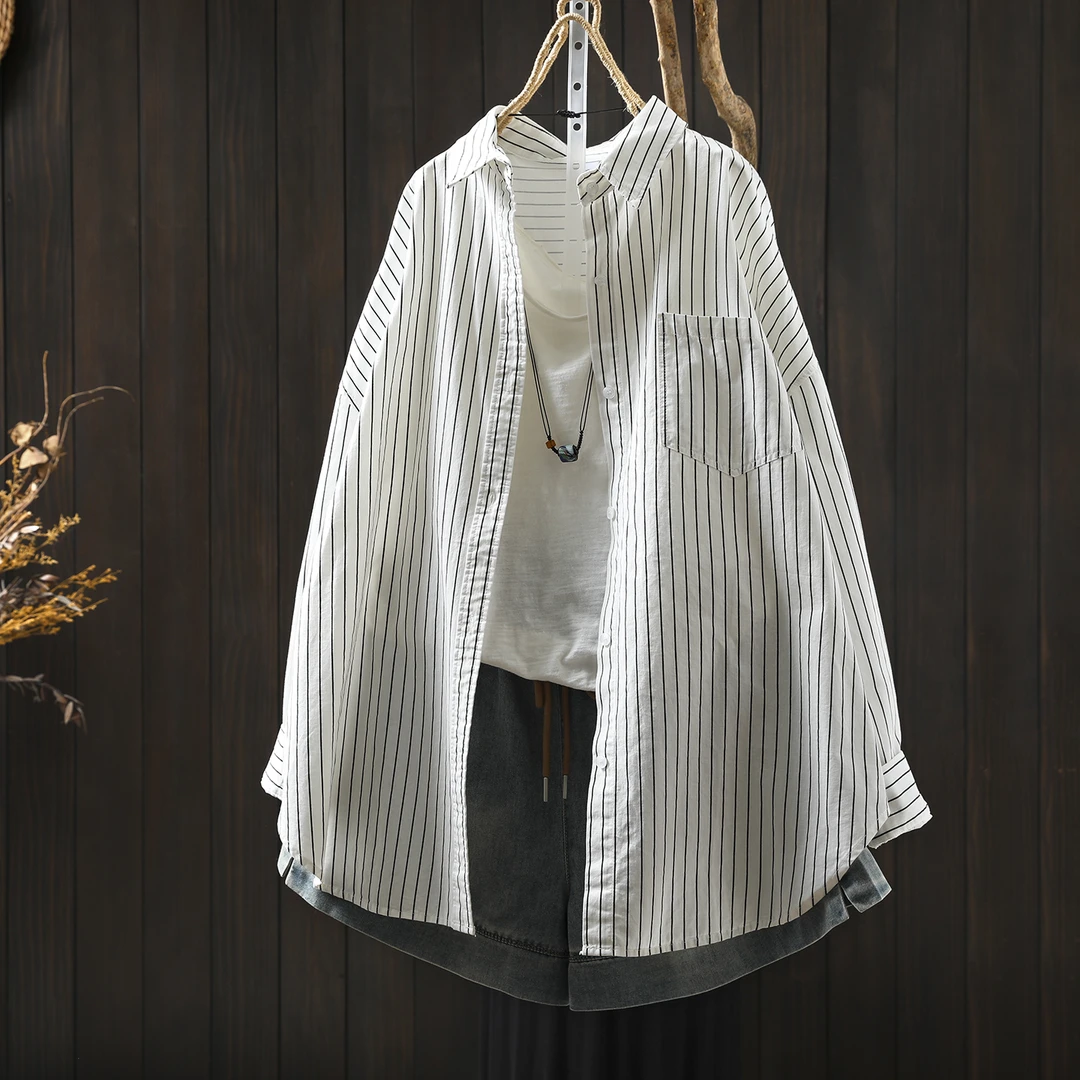 条纹白色衬衫女2025早秋新爆款纯棉简约时尚休闲宽松长袖外搭衬衣