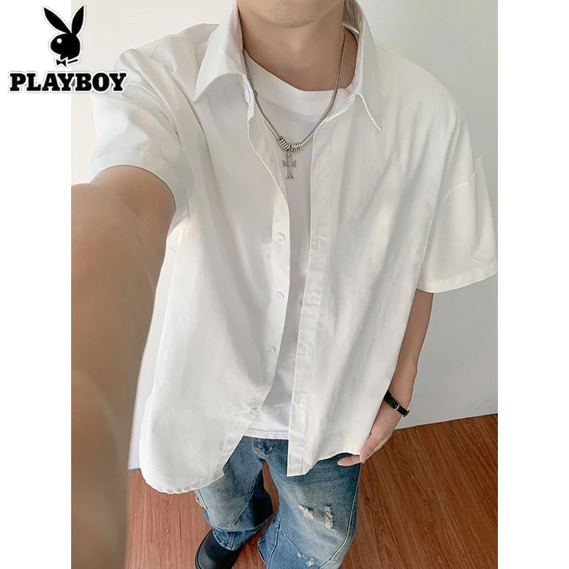 日系短袖衬衫男士夏季新款2025百搭宽松休闲时尚潮牌痞帅纯色衬衣