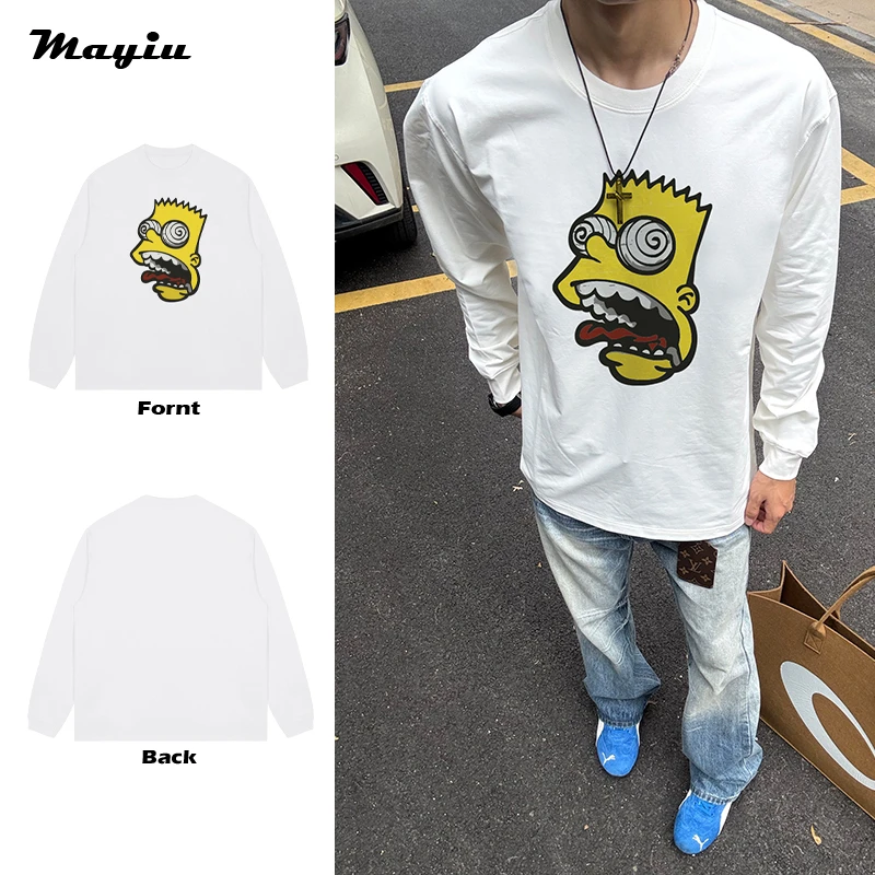 辛普森头像美式vintage潮牌秋季嘻哈复古印花圆领T恤男女长袖上衣