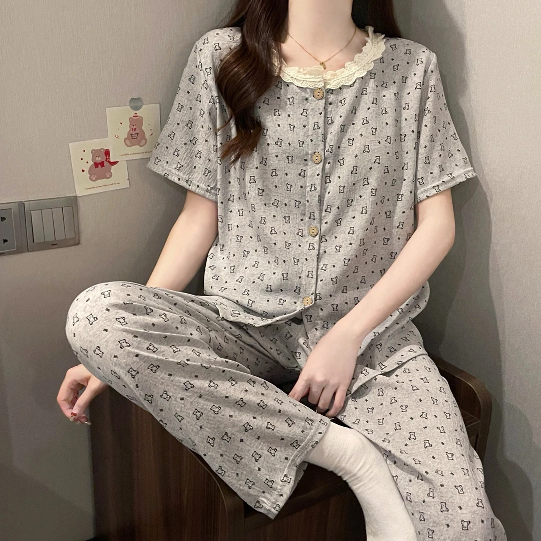 女睡衣夏季可外穿带胸垫家居服套装夏天高级感三件套云朵棉居家服