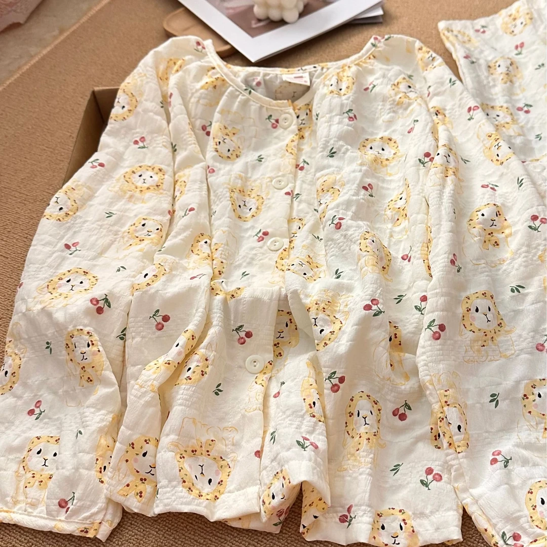 花头巾兔兔可爱长袖睡衣卡通印花春秋新款少女学生圆领居家服套装