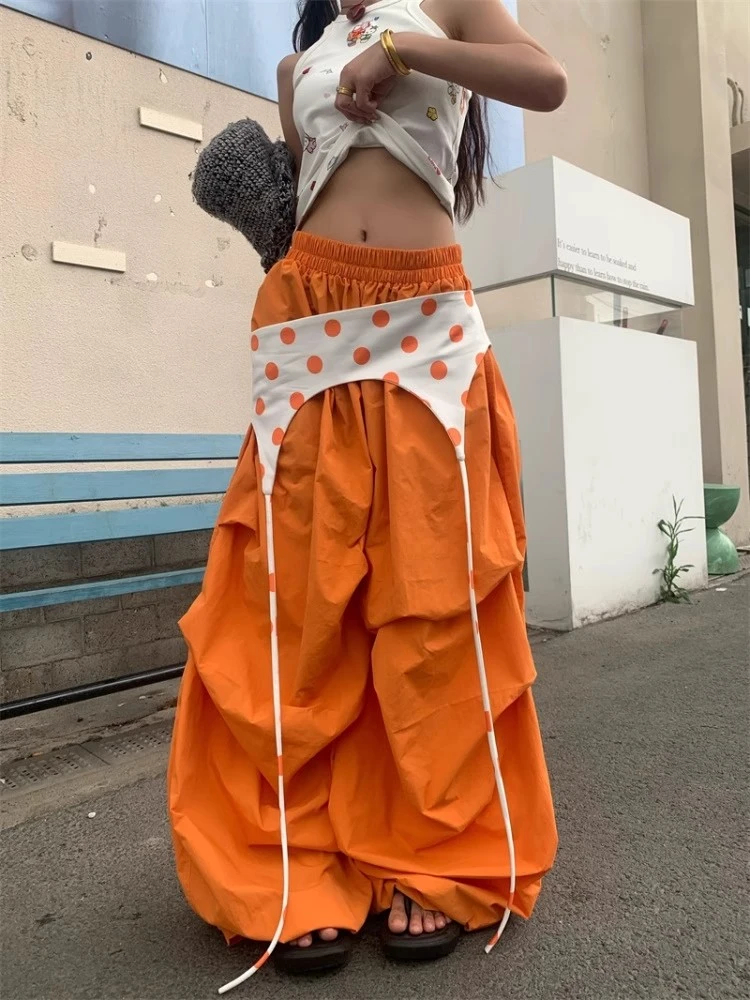 美式西海岸波点橘红色叠穿绑带女夏ins辣妹潮流百搭休闲风阔腿裤