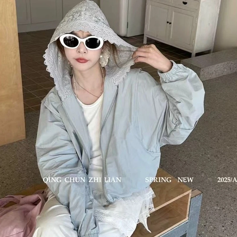 蕾丝外套女2025新款短外套防晒衣宽松显瘦连帽