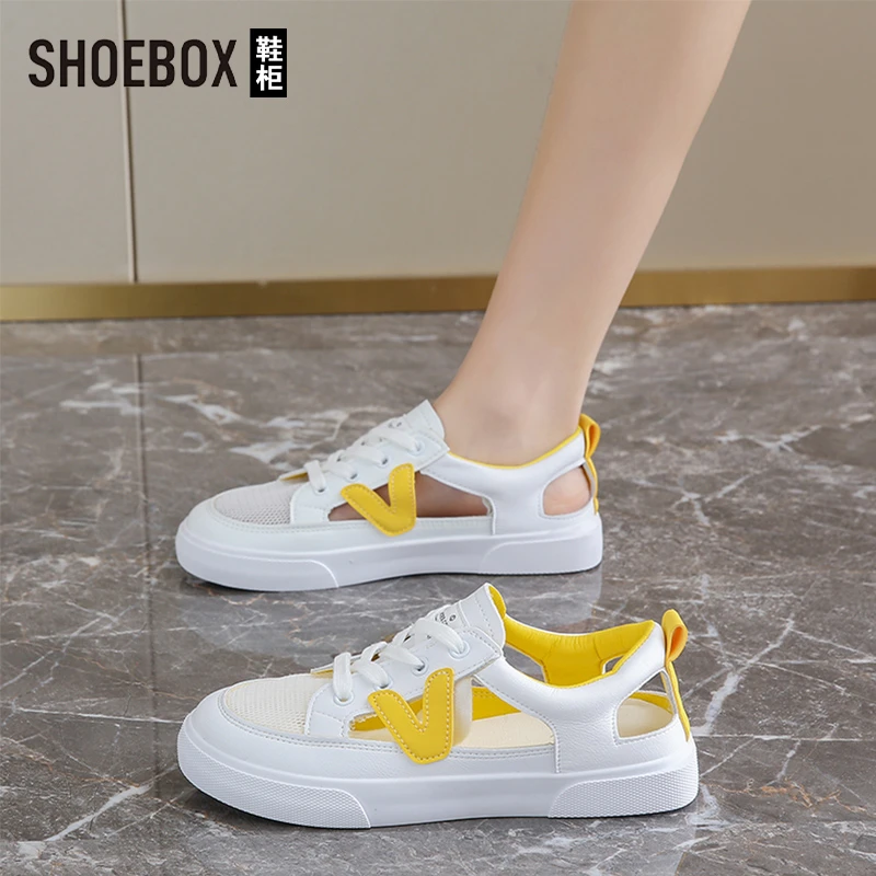 SHOEBOX鞋柜透气包头凉鞋女2025夏季新款镂空平底小白鞋休闲凉鞋