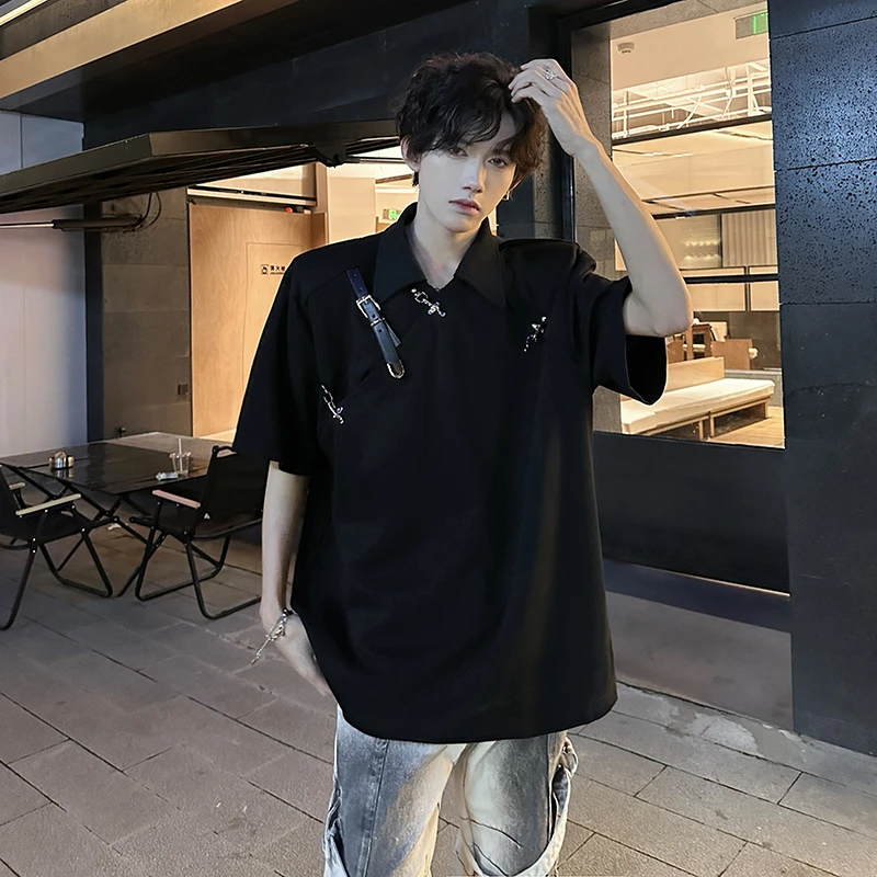 小众解构金属皮带扣设计感垫肩PoLo衫男夏季痞帅高街美式短袖T恤