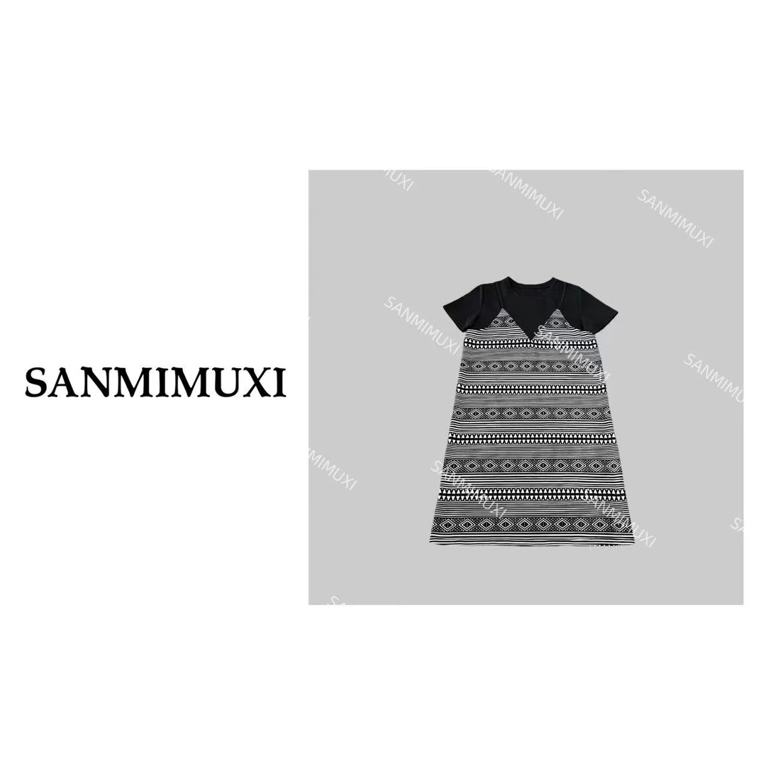 SANMI/叁米  假两件拼接几何撞色短袖连衣裙 2923