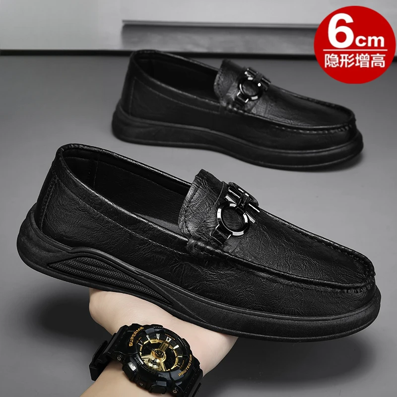 内增高男鞋10cm豆豆秋冬英伦风商务正装男士懒人一脚蹬黑色皮鞋