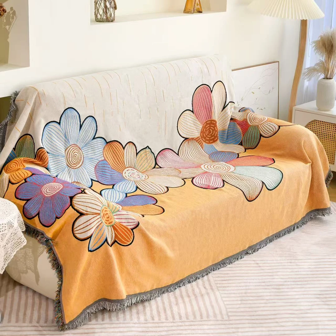 向阳花90*330加厚沙发巾印花防滑多功能针织美式多功能