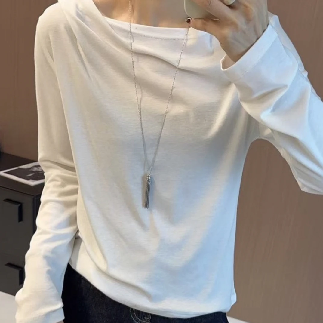LMM 2913 新款肩膀褶皱设计时尚长袖T恤女宽松显瘦打底衫休闲上衣