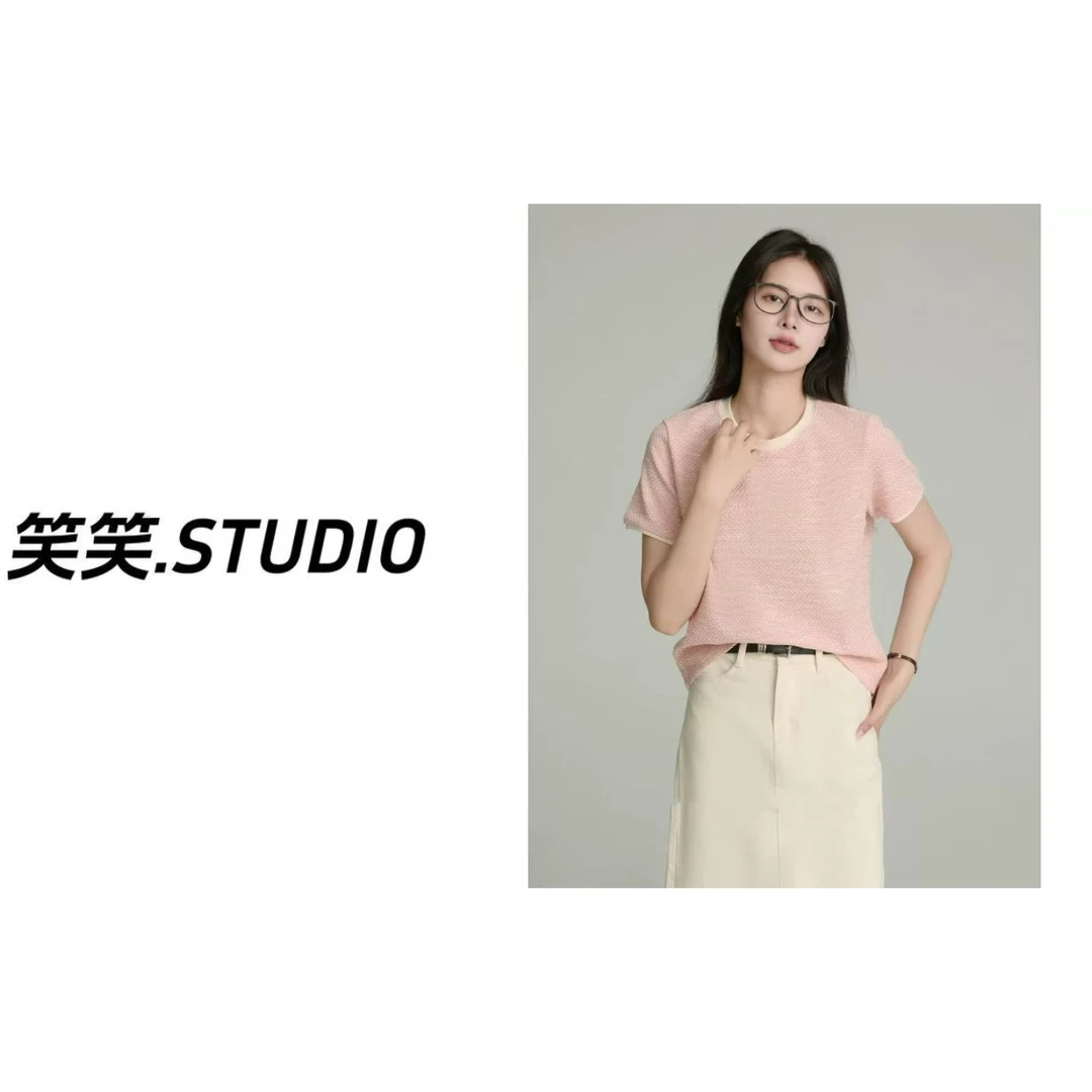 笑笑-【蛋壳撞色T】早春韩系百搭极简撞色领口贝壳短袖T恤