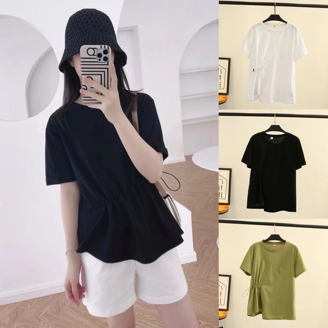 夏季大码200斤短袖上衣女宽松显瘦2025新款胖mm设计感抽皱纯色T恤