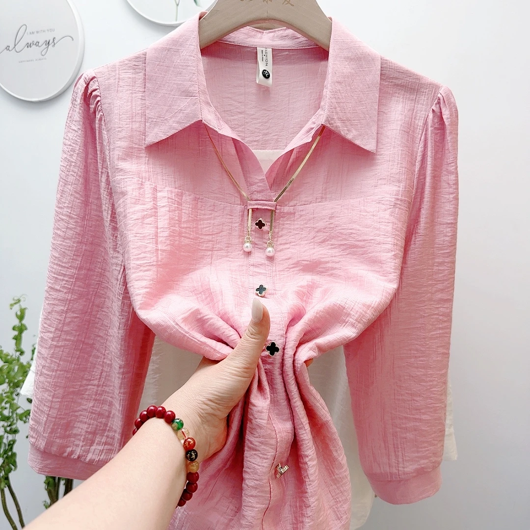 春季衬衫新款纯色宽松设计上衣洋气气质长袖百搭衬衣时尚打底显瘦
